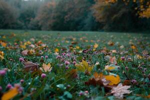 Serene Meadow Nature nature background with Fallen Leaves and Wildflowers photo