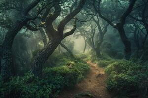 nature background Mist Covered Forest with Winding Path through Ancient Trees photo