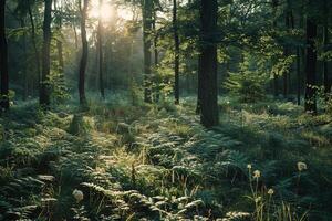 Sunlight Filtering Through Trees in Forest Clearing nature background photo