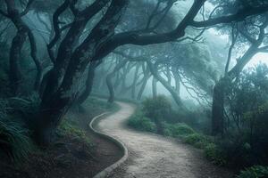 nature background Mist Covered Forest with Winding Path through Ancient Trees photo