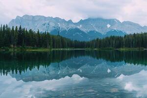 nature background Serene Mountain Lake with Crystal Clear Water and Pine Forest photo