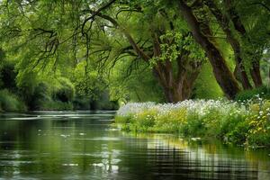 Serene riverbank with overhanging trees and wildflowers in bloom with the river reflecting the lush green surroundings   nature background photo