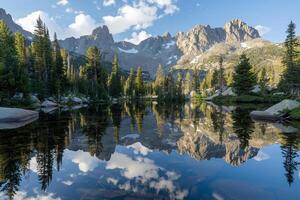 Serene Mountain Lake Surrounded by Pine Trees with MirrorLike Reflection nature background photo