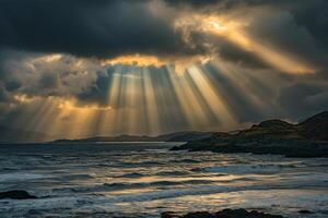 Stunning Sunlight Casting Patterns Through Clouds on Turbulent Sea nature background photo