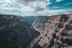 Impressive Grand Canyon with Steep Cliffs and Winding River Against a Dramatic Sky Background Nature photo