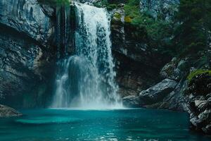 Inspiring Waterfall Plunging Down Rocky Cliff into Turquoise Pool Surrounded by Lush Vegetation Background Nature photo