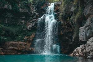 Majestic Waterfall Cascading Down Rocky Cliff into Turquoise Pool Surrounded by Lush Vegetation Background Nature photo