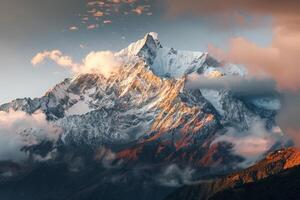 Majestic Snowy Mountain Peak Bathed in Golden Sunrise Light with Alpine Meadows  nature background photo