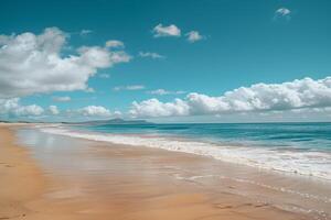 Gorgeous Beach with Golden Sand and Turquoise Waters Under a Clear Blue Sky and Fluffy White Clouds   nature background photo