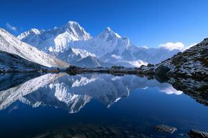 Serene Mountain Lake Reflecting Snow Capped Peaks and Cloudless Blue Sky   nature background photo