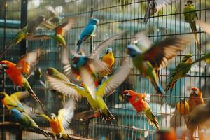 Joyful Aviary  with Vibrant Shelter Birds Feathers Shimmering in Sunlight photo