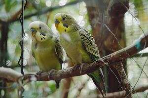 Uplifting Parakeets with nature background in Spacious Aviary photo