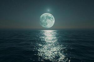 Full Moon Rising Over Calm Ocean with Silvery Light Reflection photo