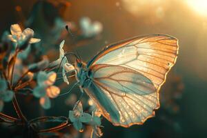 Sunlight Illuminating Intricate Veins of Translucent Butterfly Wing Resting on Flower photo
