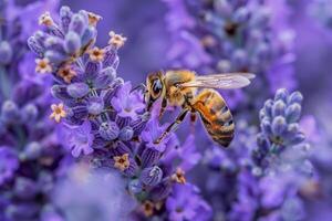 Nature Intimate Nature of Intricate Patterns on Bee Gathering Pollen from Cluster of Lavender Wildflowers nature background photo