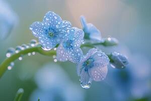 Nature Intimate Nature of Delicate Forget Me Not Flowers Covered in Morning Dew nature background photo