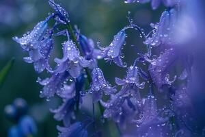 Nature Intimate Nature of Dewdrops on Delicate Bluebell Wildflowers in Forest Clearing nature background photo