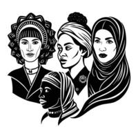 Feminine empowerment artwork with strong women from diverse cultures in bold graphic design style vector