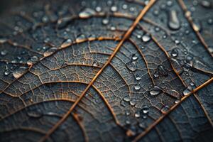 Nature  Vein Patterns on Fallen Leaf with Dew Drops in Morning Light photo