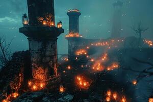 Glow of lanterns illuminating abandoned lighthouse tower surrounded by flames photo