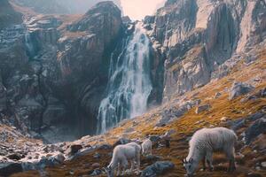 Serene Waterfall in Mountainous Landscape with Grazing Mountain Goats nature background photo