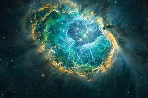 Cats Eye Nebula Glowing in Intricate Patterns of Green and Blue Planetary Nebula Revealing Its Layers nature background photo