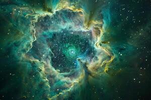 Cats Eye Nebula Glowing in Intricate Patterns of Green and Blue Planetary Nebula Revealing Its Layers nature background photo
