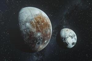 Pluto and Charon Icy Surfaces and Rugged Terrain in Kuiper Belt Background and Nature photo