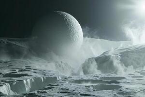 Enceladus Moon of Saturn with Its Icy Surface and Geysers of Water Vapor Erupting from Its South Pole Background and Nature photo