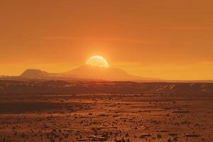 Mars at Sunrise Over Its Dusty Plains Revealing Olympus Mons in the Distance Background and Nature photo