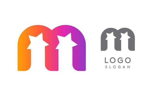 Letter m star, vibrant gradient colored logo for media, entertainment, technology, startup, social networking, communication, digital marketing industries. illustration
