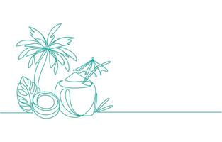 Continuous line drawing of tropical coconut drink illustration. Summer tropical coconut juice single line hand drawn minimalism style, Continuous line drawing fruit of coconut. Pro . vector