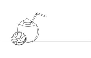 Continuous line drawing of tropical coconut drink illustration. Summer tropical coconut juice single line hand drawn minimalism style, Continuous line drawing fruit of coconut. Pro . vector