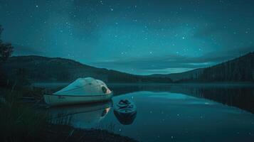 Big white camping tent near serene lake, with kayaks, hiking poles, campfire ring, reflection in calm water, starry night sky. Big camping tent gears photo