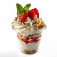 a dessert with strawberries and cream in a cup on transparent background png