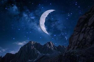 Crescent Moon with Starry Sky Over Mountain Range photo