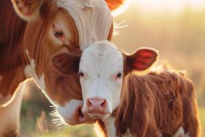 Portrait of a Calf with Its Mother. Nature Background photo