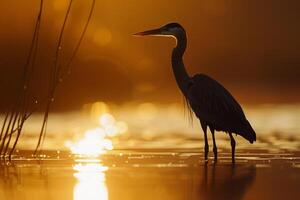 Backlita Heron Standing Gracefully in Shallow Water. Silhouette Against Glowing Sunset Sky. Nature Background photo