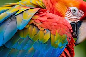 Nature Background of a parrots feathers showcasing its  plumage and intricate patterns photo
