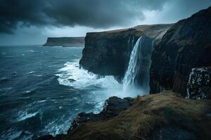 Stormy Seas with Waterfall Cascading into Ocean Nature Background photo