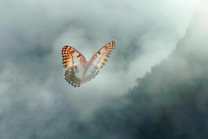 Ethereala Urania Leilus butterfly gliding gracefully through misty clouds in a mountainous landscape its iridescent wings shimmering in soft sunlight. Nature Background photo