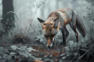 Fox Hunting in a Misty Forest Clearing with Nature Background photo