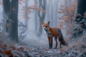 Fox Hunting in a Misty Forest Clearing with Nature Background photo