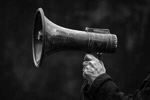 Protestor holding a megaphone to amplify message photo