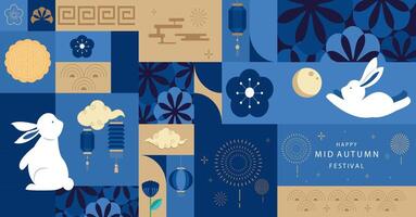 mid-autumn geometric festival background with rabbit,mooncake,moon . for a4 horizontal design vector