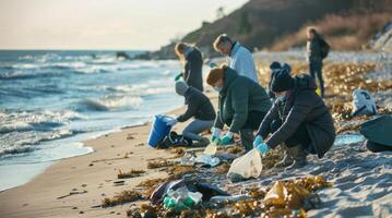 Team working together to clean litter and debris from the beach and sea.Generated image. photo