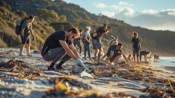 Team working together to clean litter and debris from the beach and sea.Generated image. photo
