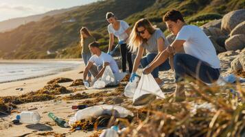Team working together to clean litter and debris from the beach and sea.Generated image. photo