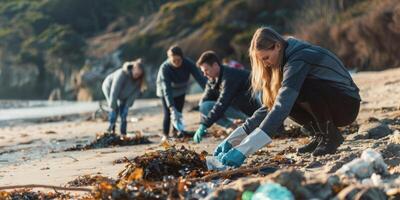 Team working together to clean litter and debris from the beach and sea.Generated image. photo