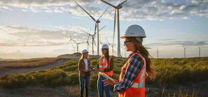 Female engineers using tablets to monitor and manage wind turbine operations on site.Generated image photo